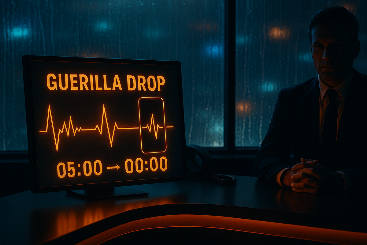 Dark newsroom desk with “GUERILLA DROP” ECG line on a glowing monitor—rainy-night tension, 05:00 → 00:00 flash window, phone outline pulsing—urgent heartbeat vibe for surprise restock alert
