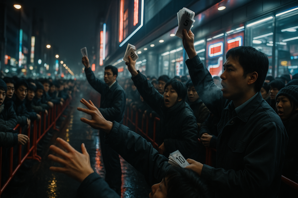 Predawn chaos outside a big-box store—staff waving numbered tickets over a sea of tense faces, neon steam and rain-slick barricades—urgent, cinematic, high-stakes queue energy