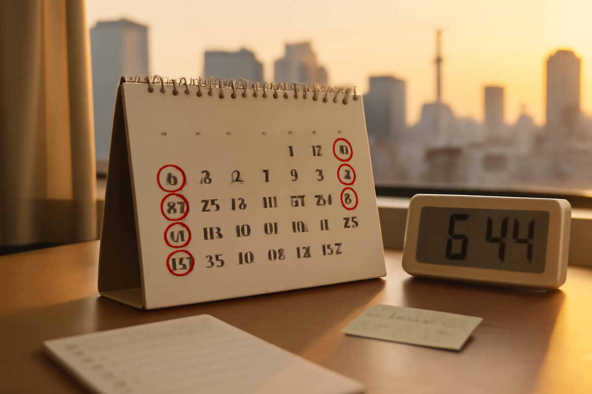 Desk by sunrise window—calendar with Sundays boldly circled and a ticking digital clock—golden-hour resolve, disciplined planning, “be there early” determination