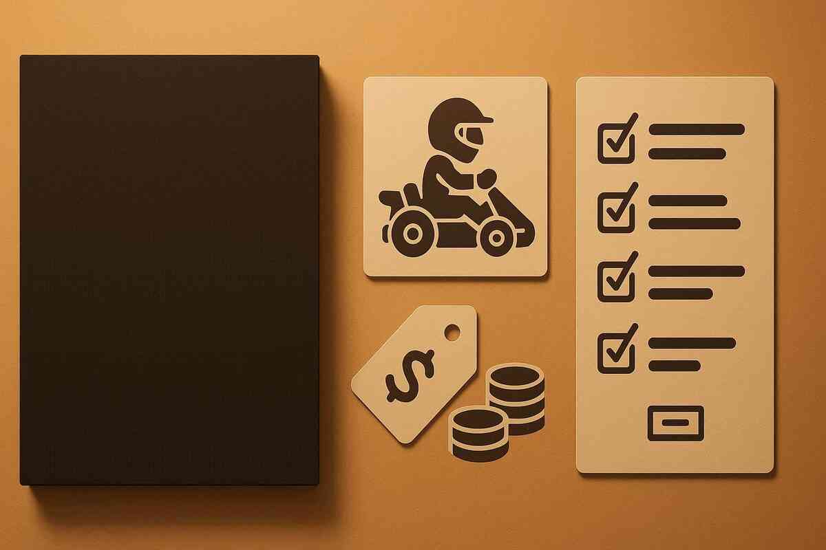 Bundle value breakdown—neutral console box, racer icon card, price tag and coins, tidy checklist tiles—what’s inside, why it costs more, family-friendly savings glow