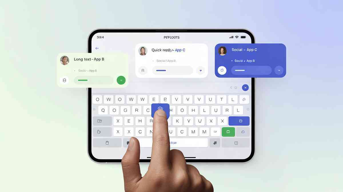 Tablet keyboard with finger on the globe key—instant swap for long text, quick replies, social—agile workflow, pro efficiency, frictionless momentum