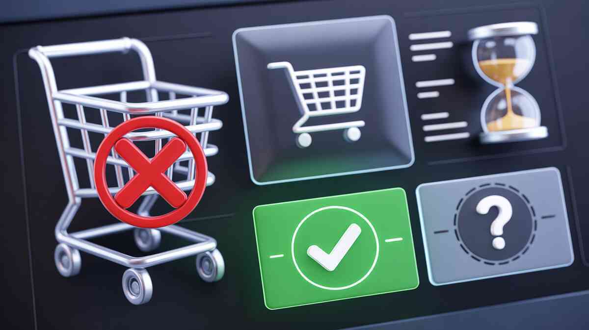 E-commerce status panel—blocked cart with red X, green verified check, timer hourglass, and grey question tile—phantom stock vs real inventory, sharp skepticism, protective buyer mood