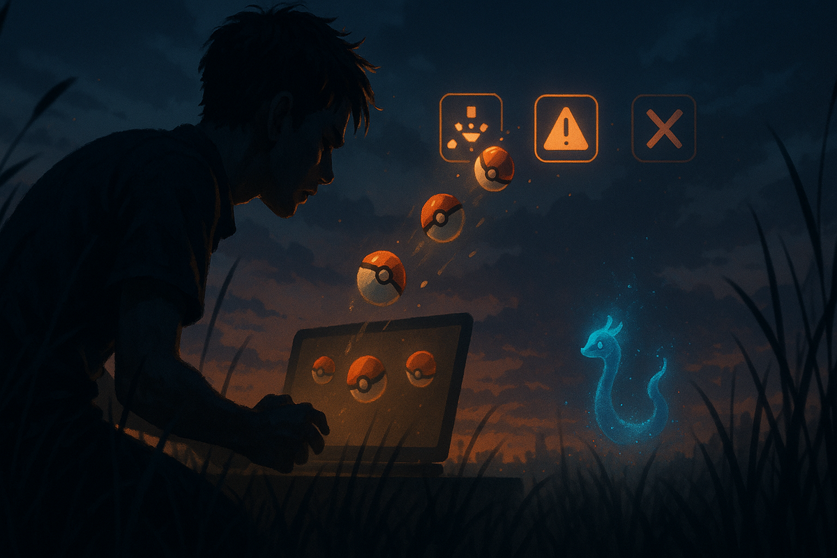 Twilight hunter missing throws at a shy azure serpent—low catch-rate icon, warning sign, repeated fails—moody grass field, laptop glow, electric frustration and stubborn hope