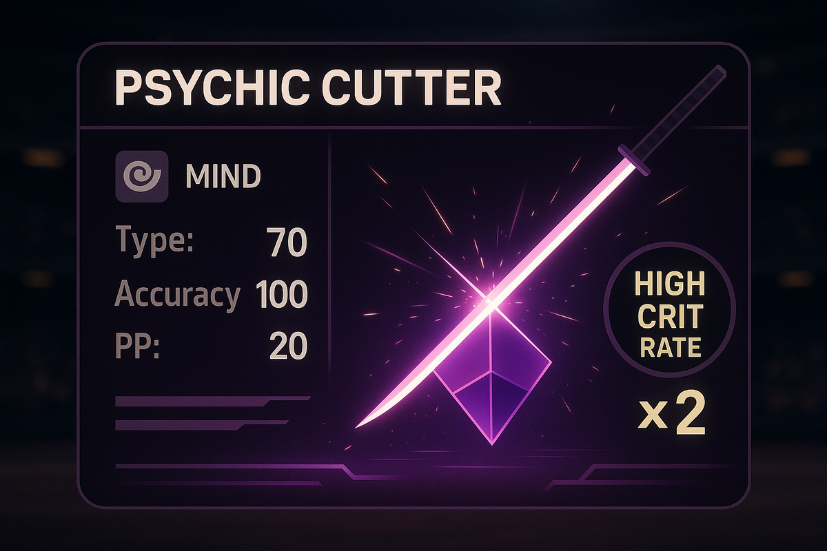 Glowing stat card for “Psychic Cutter”—mind-type katana slicing a prism, Power 70, Accuracy 100, PP 20, “HIGH CRIT RATE ×2”—cinematic, electric, victory-tinged energy
