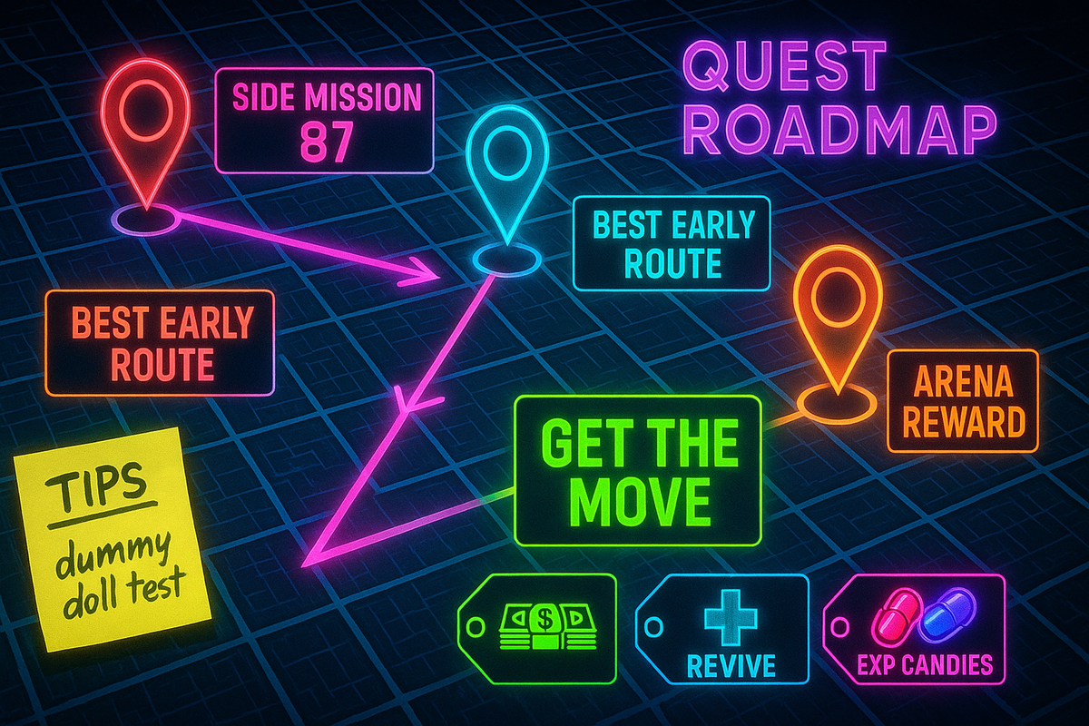 Neon quest roadmap to unlock Psychic Cutter—Side Mission 87 → best early route → “GET THE MOVE,” with money, revive, and EXP candy tags—fast, game-winning momentum