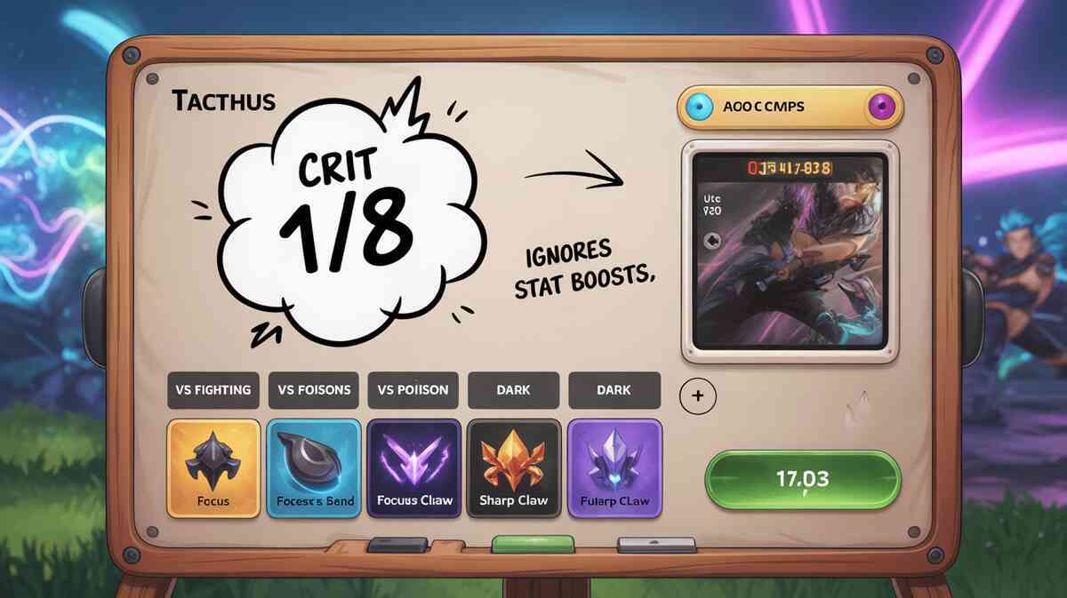 Strategy whiteboard—big “CRIT 1/8” bubble, arrow to “ignores stat boosts,” matchup buttons (vs fighting/poison/dark) with focus/claw items—crunchy tactics, clutch plays