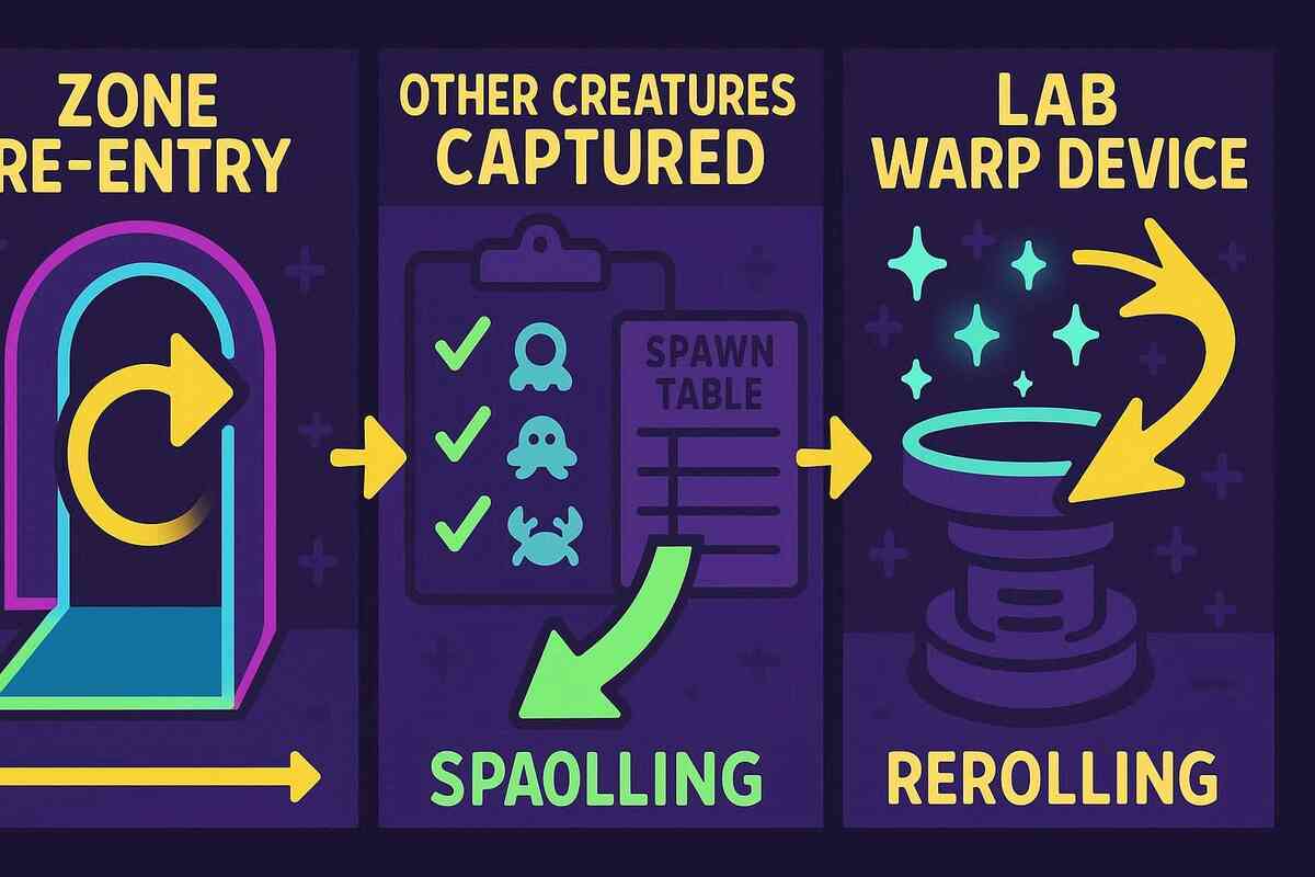 Spawn-rate booster tricks—re-enter zone cycling, fill other creatures first to tilt the table, lab warp device for instant reroll—bold neon panels, crafty gamer joy and momentum