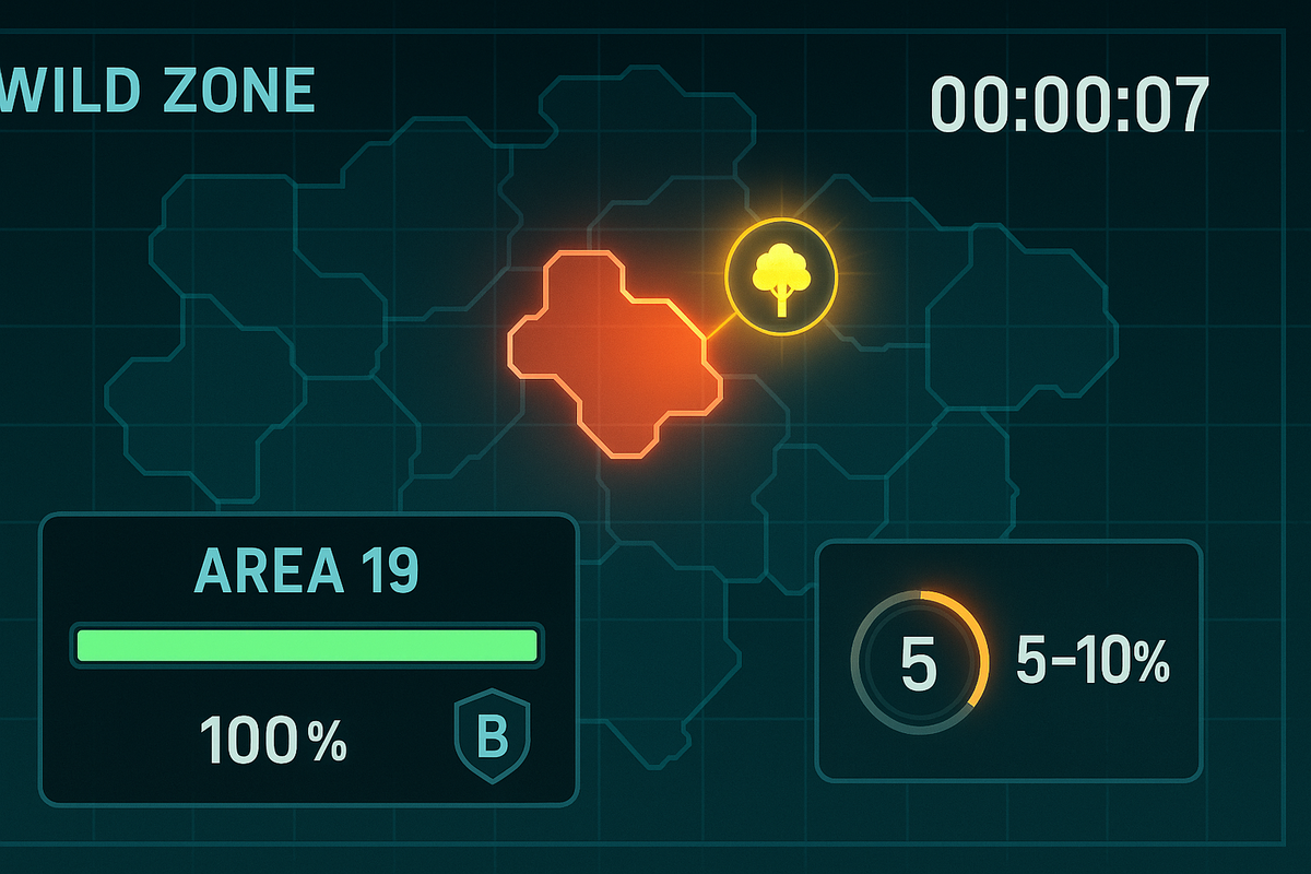 Wild Zone map with “Area 19” lit, completion 100%, Rank B badge, 00:00:07 timer, 5–10% spawn dial—tight gatekeeping, urgent unlock energy, crystal-clear conditions