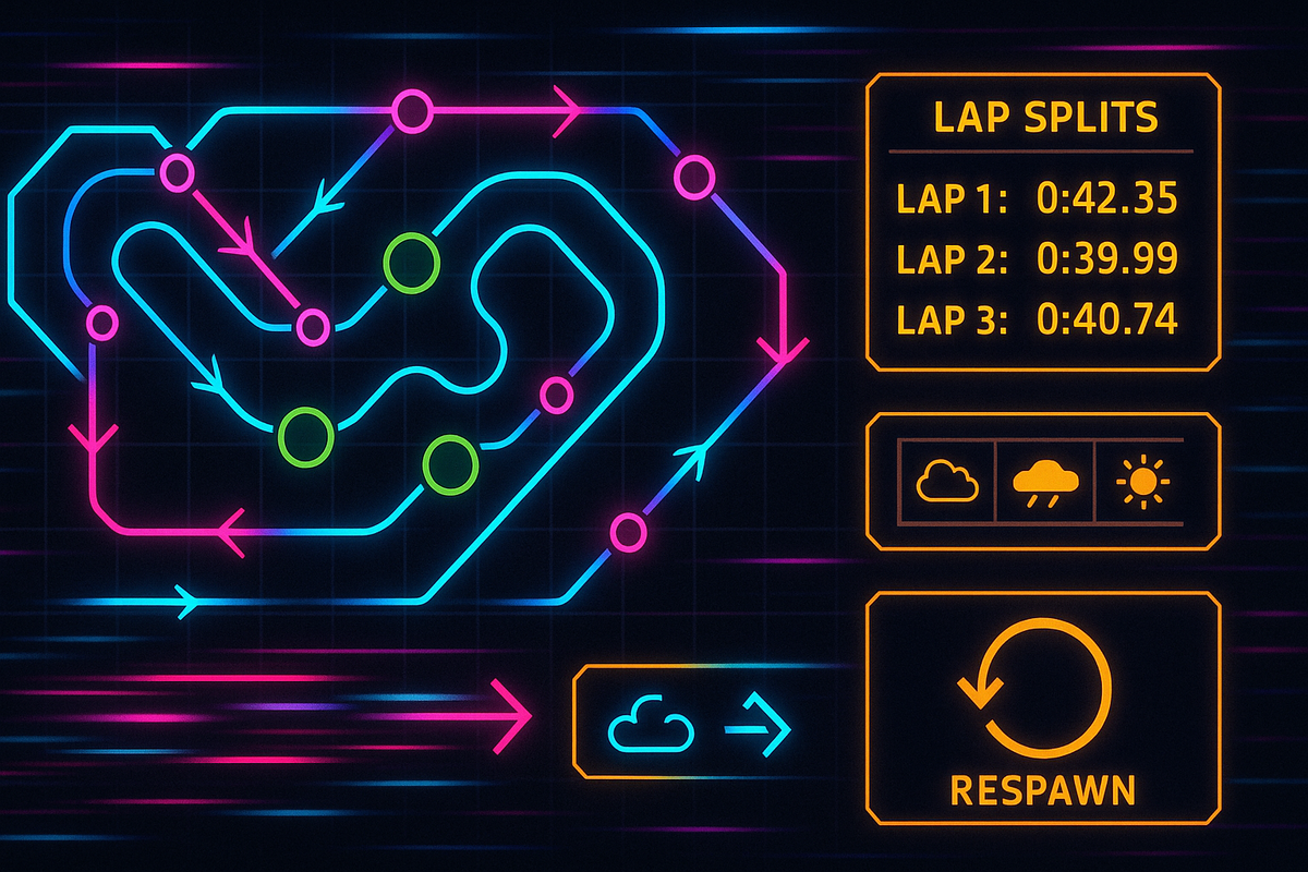 Neon farming route—fast-travel nodes, looping arrows, lap splits, weather toggles, RESPAWN icon—speedrun rhythm, efficient grind, satisfying control