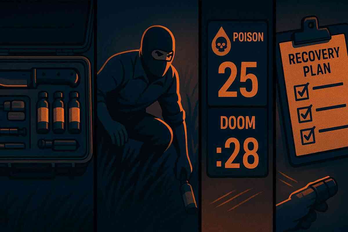 Five-step capture storyboard—gear prep case → stealth crouch in grass → POISON tickdown 25 → DOOM countdown 28 → recovery checklist—calm mastery under pressure