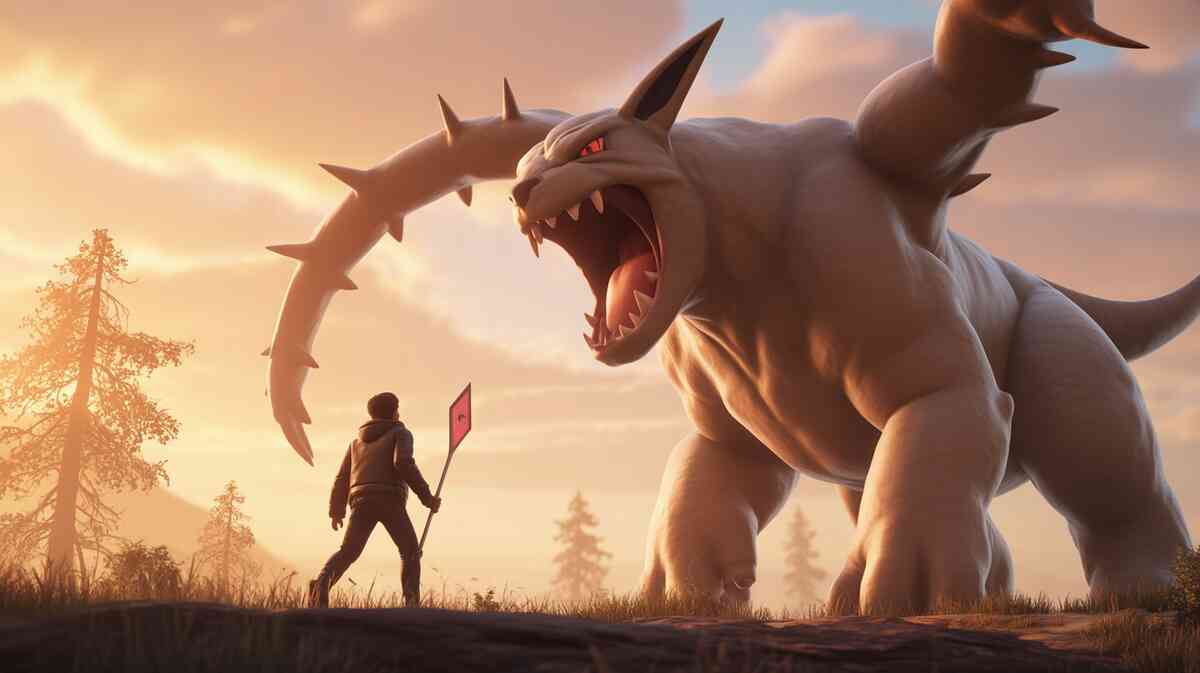 Sunset face-off: tiny trainer vs colossal alpha beast—David-vs-Goliath awe, trembling tension, underdog courage and resolve