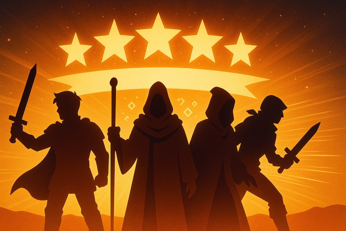 Four golden silhouettes—Hero, Monk, Sage, Thief—standing under five shining stars—decisive best-party verdict, triumphant momentum, victory energy