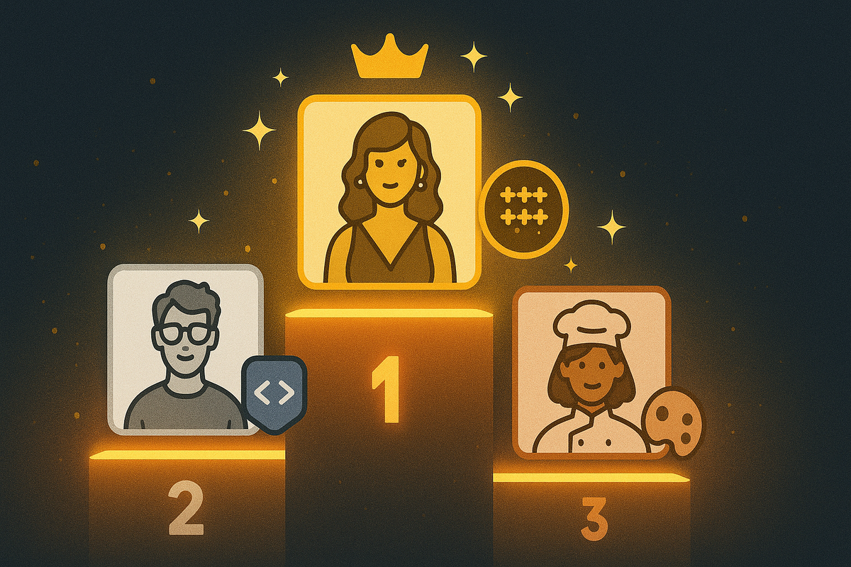 Glowing podium tier list—glamorous all-round personality crowned #1 with sparkles, others ranked below—competitive heat, persuasive clarity, meta-defining vibes