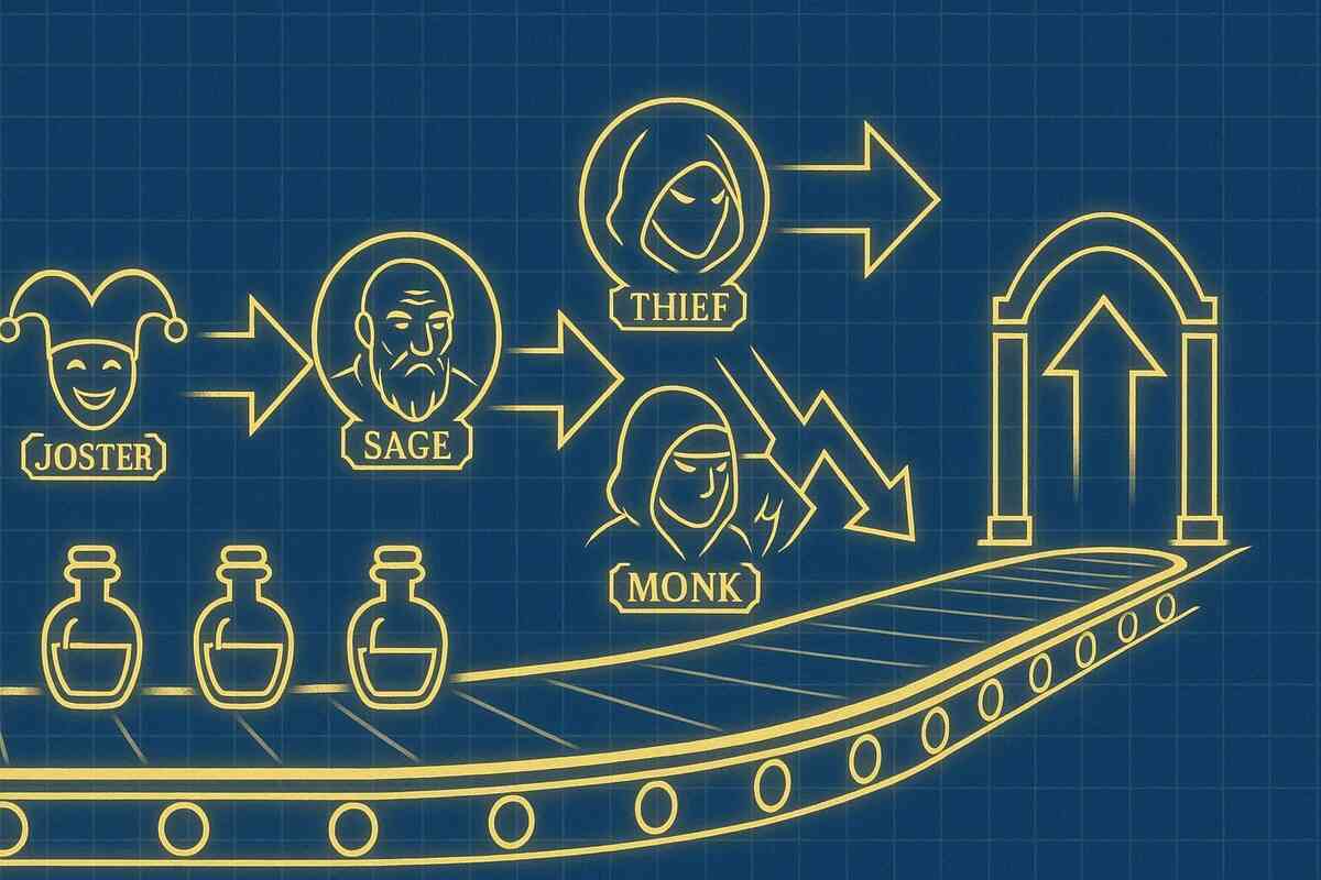 Blueprint conveyor of class changes—Jester → Sage → Thief/Monk with pulsing arrows, MP bottles filling before the gate—strategic urgency, shortest-route to power, satisfying plan
