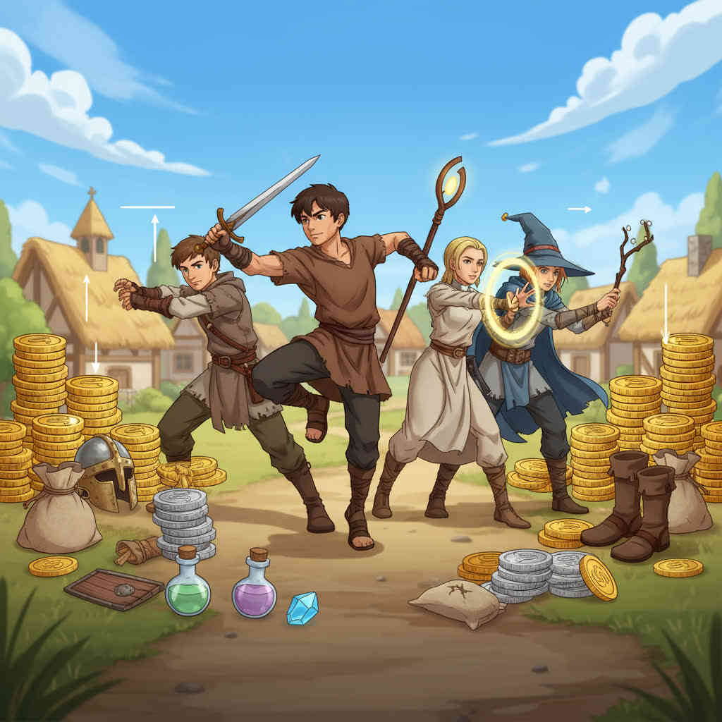 Early-game village lineup—Hero, Monk, Priest, Mage striking in sync—starter gear, potions, and coin stacks around them—hopeful grind, fast leveling and smart budgeting joy