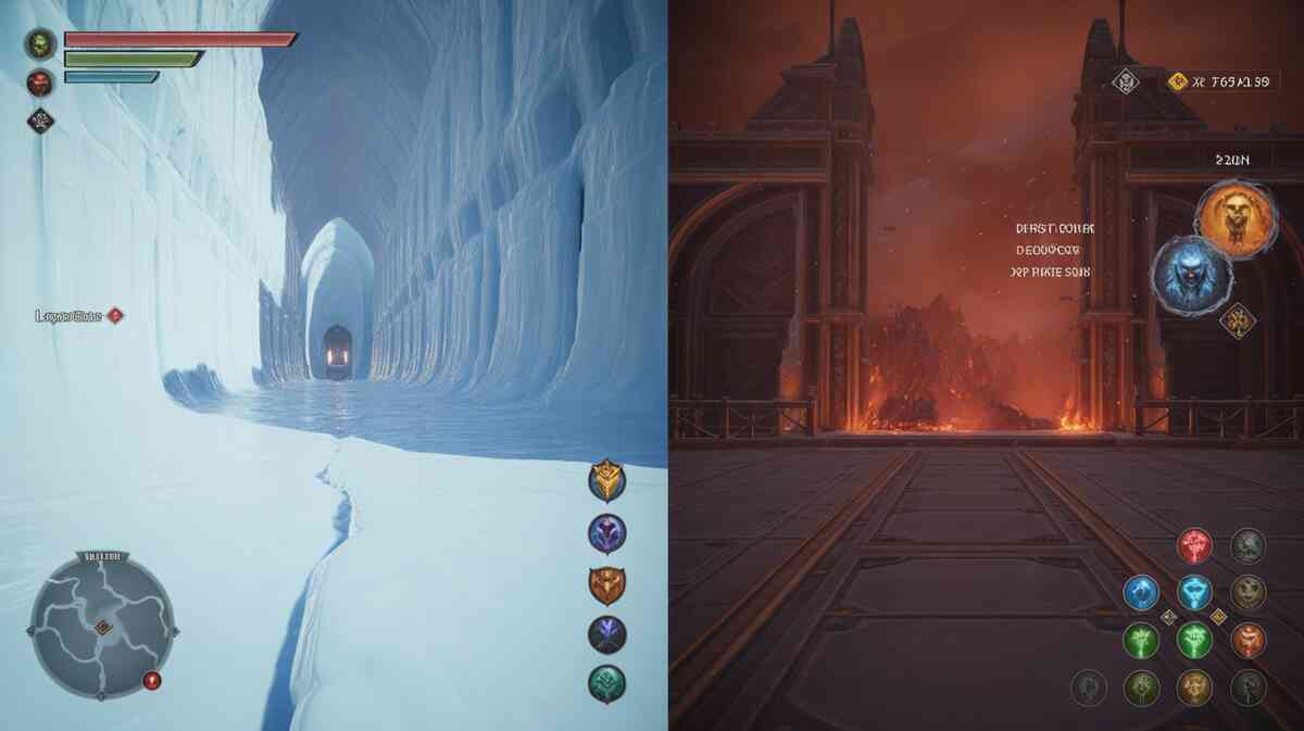 Split arena: icy cathedral vs molten fortress—buff and resist icons glowing, late-game UI humming—ruthless preparation, relentless push to endgame bosses, electrifying danger