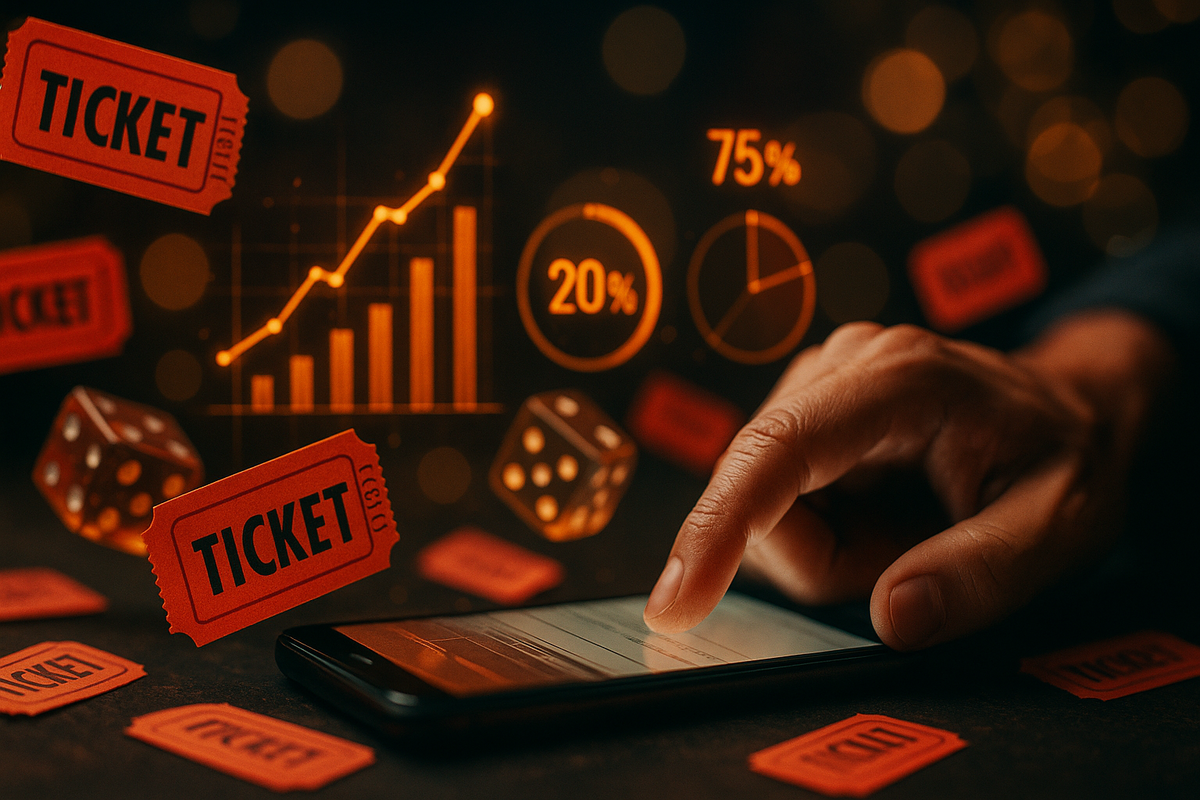 Raffle tickets, dice, and glowing analytics charts above a fingertip tapping a phone—probability tension, hopeful luck, data-driven thrill of winning a reservation