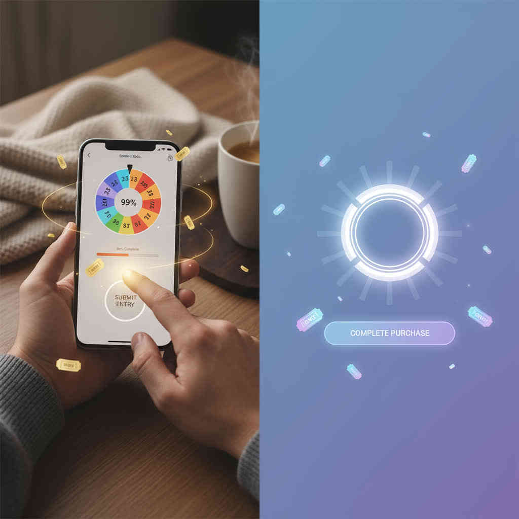 Split visual: finger submitting a generic lottery entry on phone and clean invite-only checkout—steady hope, backup plan comfort, smart online path to secure Switch2