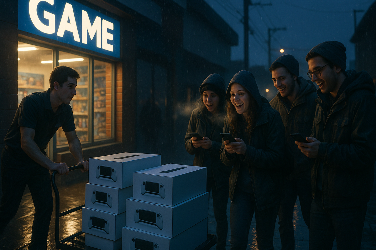 Rain-soaked game shop restock at night—staff rolling out plain console boxes on a cart, friends cheering with steaming breath and buzzing phones—cinematic urgency, joyful hope, real drop energy