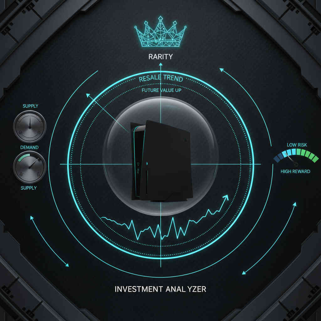 Future-value radar—special-edition console with rarity crown, resale trend arrow, supply/demand dials, risk-reward gauge—coolheaded investment view of potential resale, collector’s thrill