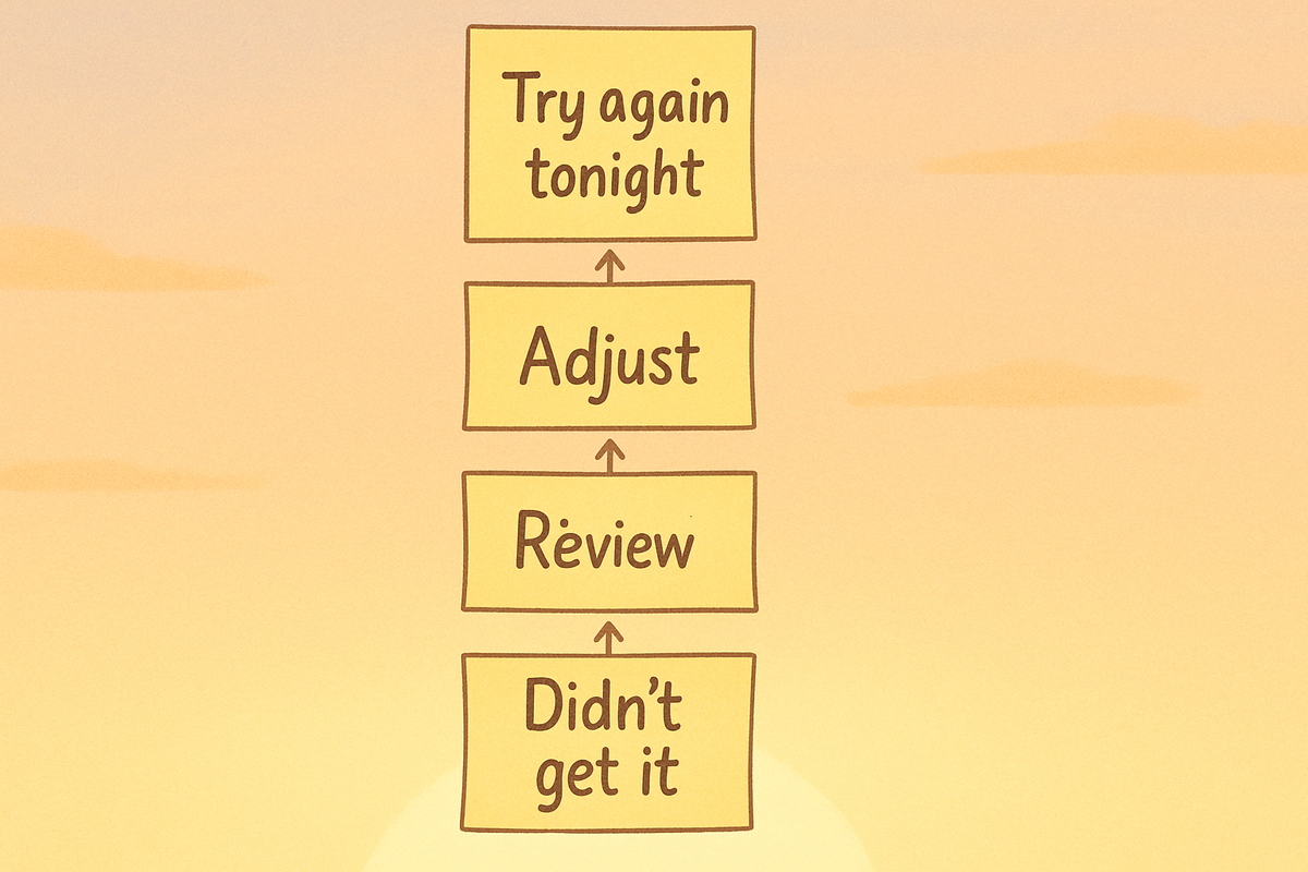 Gentle sunrise flowchart—Didn’t get it → Review → Adjust → Try again tonight—resilient growth loop that turns failure into momentum, hopeful next-chance energy