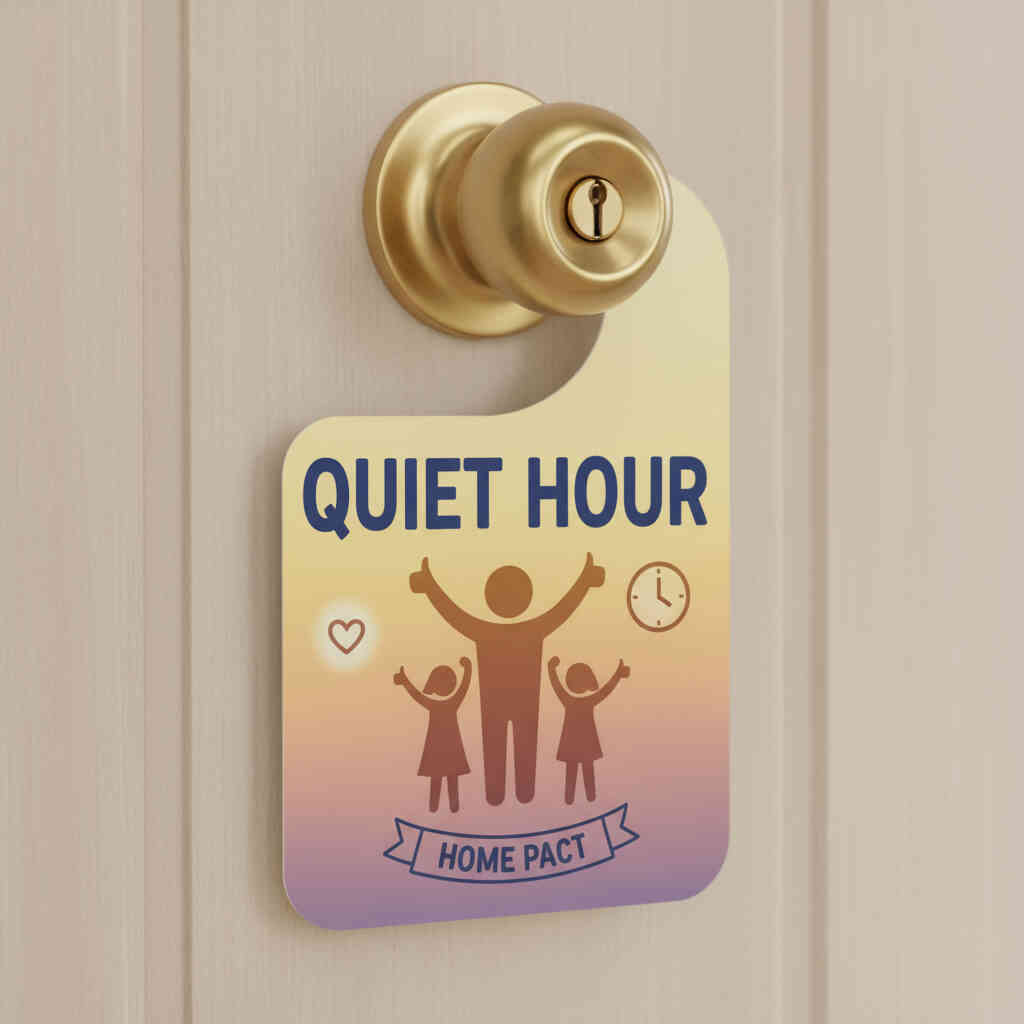Door hanger reading QUIET HOUR with happy family icons—home pact for zero interruptions—kind boundary setting that protects your high-stakes focus tonight