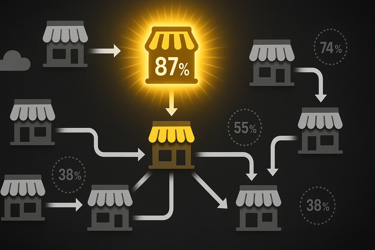 Store-network strategy map—one golden shop blazing “87%” success while others show lower odds—arrows, routing paths, data-driven triumph vibe, confident win-the-day mood