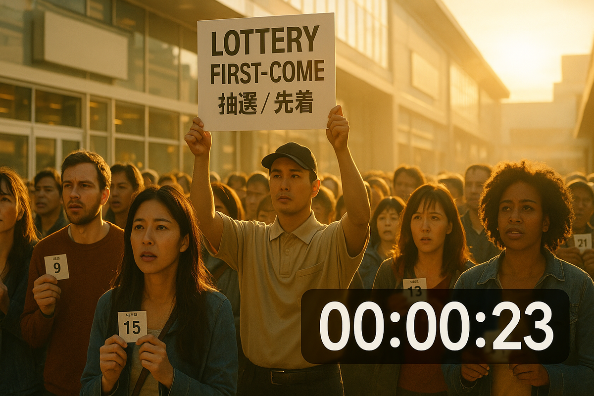 Saturday lottery line—crowd clutching numbered tickets, staff holding FIRST-COME/抽選 sign, giant countdown overlay—tense heartbeat suspense, attainable hope, weekend-warrior grit
