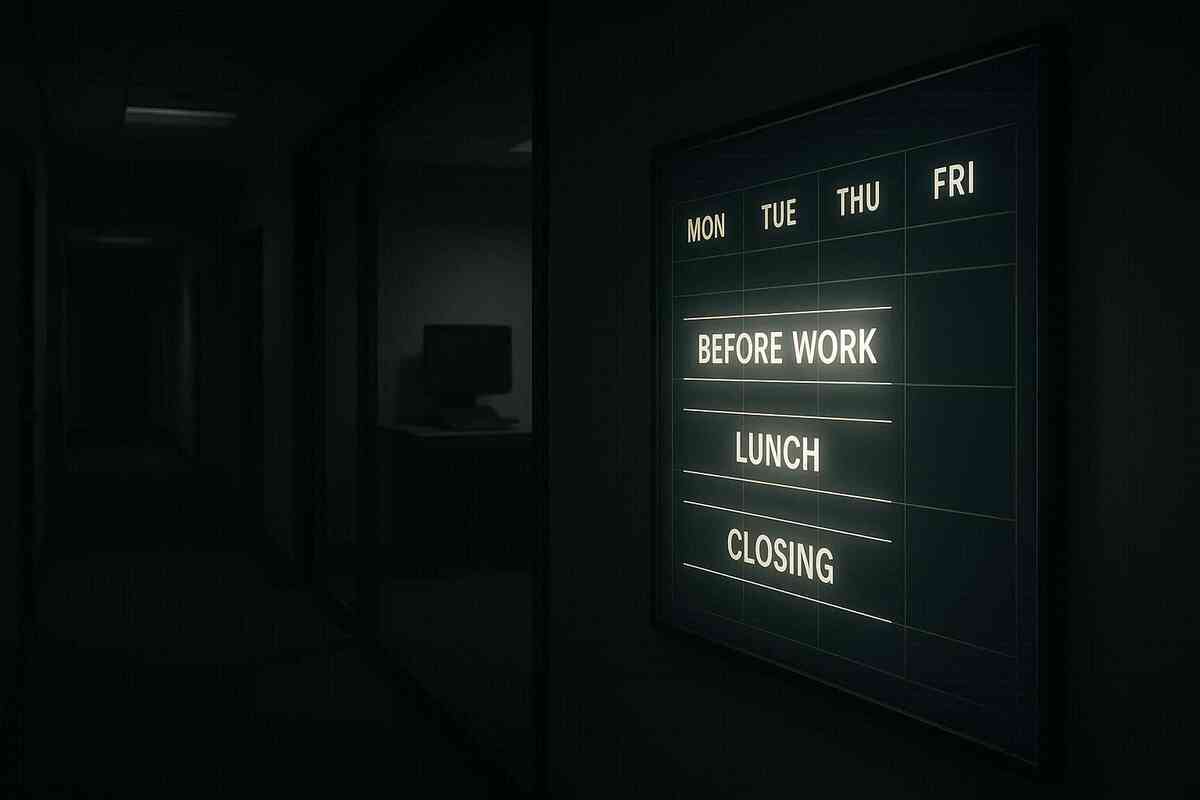 Weekday timing board glowing in a quiet corridor—BEFORE WORK, LUNCH, CLOSING slots—stealth mission calm, precision timing, low-crowd advantage energy