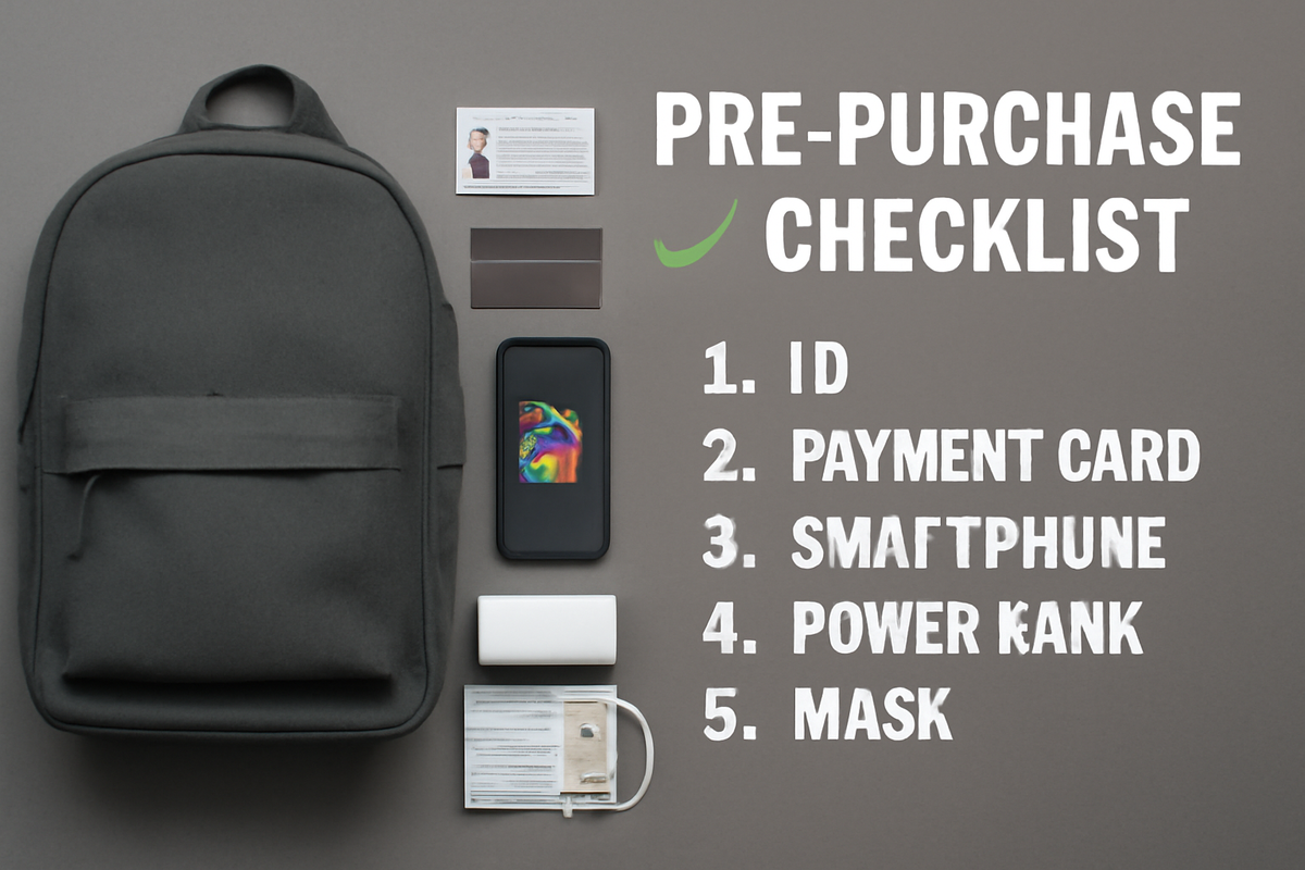 Pre-purchase checklist flat lay—backpack, ID, payment card, smartphone, power bank, mask neatly arranged—organized confidence, go-time readiness, smooth checkout vibes