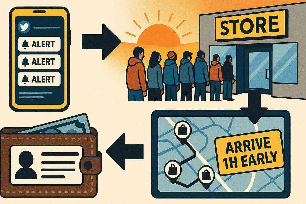 Action storyboard—phone alerts → sunrise queue → store entrance, route map “ARRIVE 1H EARLY,” wallet with ID—real-time playbook to secure stock, decisive morning hustle vibes