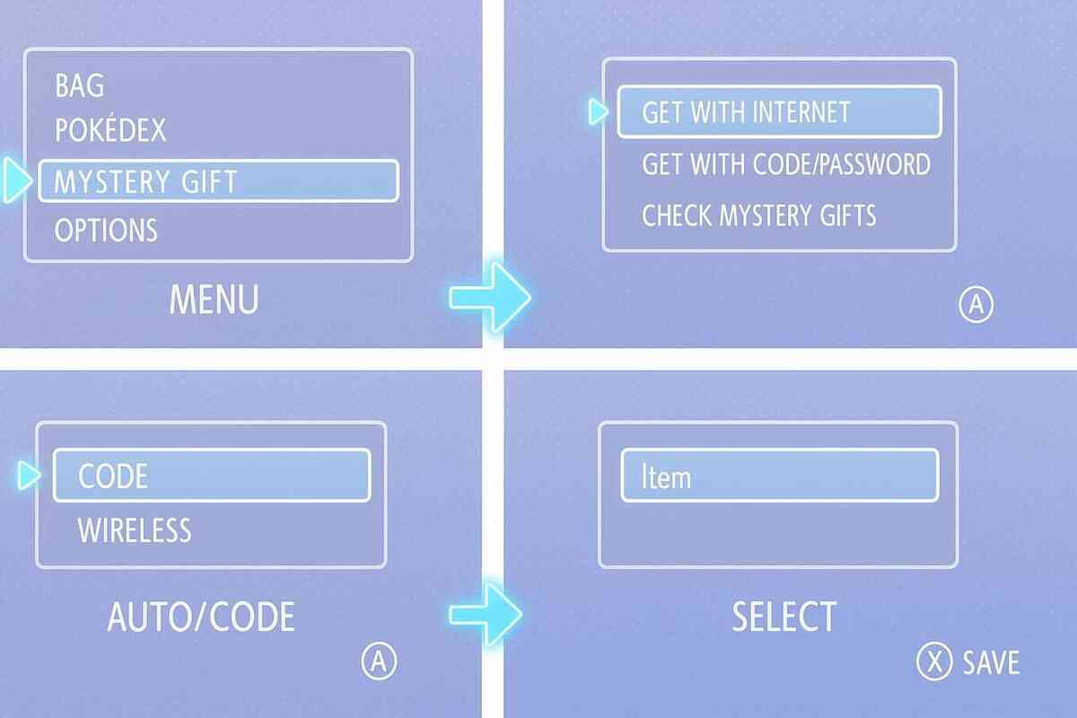 In-game menu flow—Mystery Gift → Get via Internet or Code → select item → auto save—hand-holding visual that makes bonus redemption feel effortless and soothing