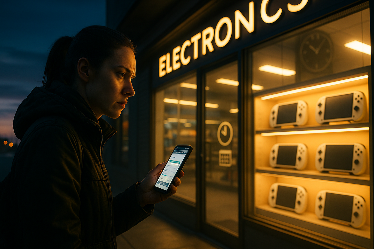 Early-morning shopper checking a stock app outside an electronics store—dawn glow, shelves of handheld consoles, price-watch focus—restock window timing for in-store Switch2 purchase, hopeful yet urgent energy