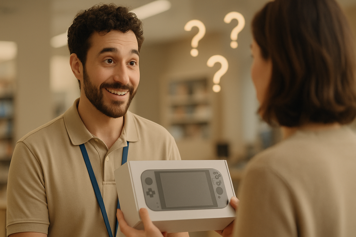 Friendly associate answering a shopper’s questions while holding a logo-free console box—clear, reassuring FAQ guidance for Switch2 in-store buying—calm clarity, trust-building warmth