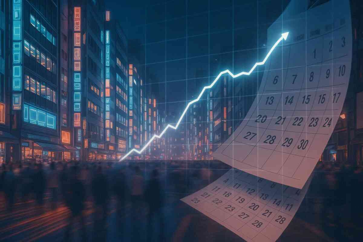 Neon city with an upward availability graph and flipping calendar pages—2025 November onward Switch2 supply forecast—demand cycles visualized, data-driven hope, realistic optimism