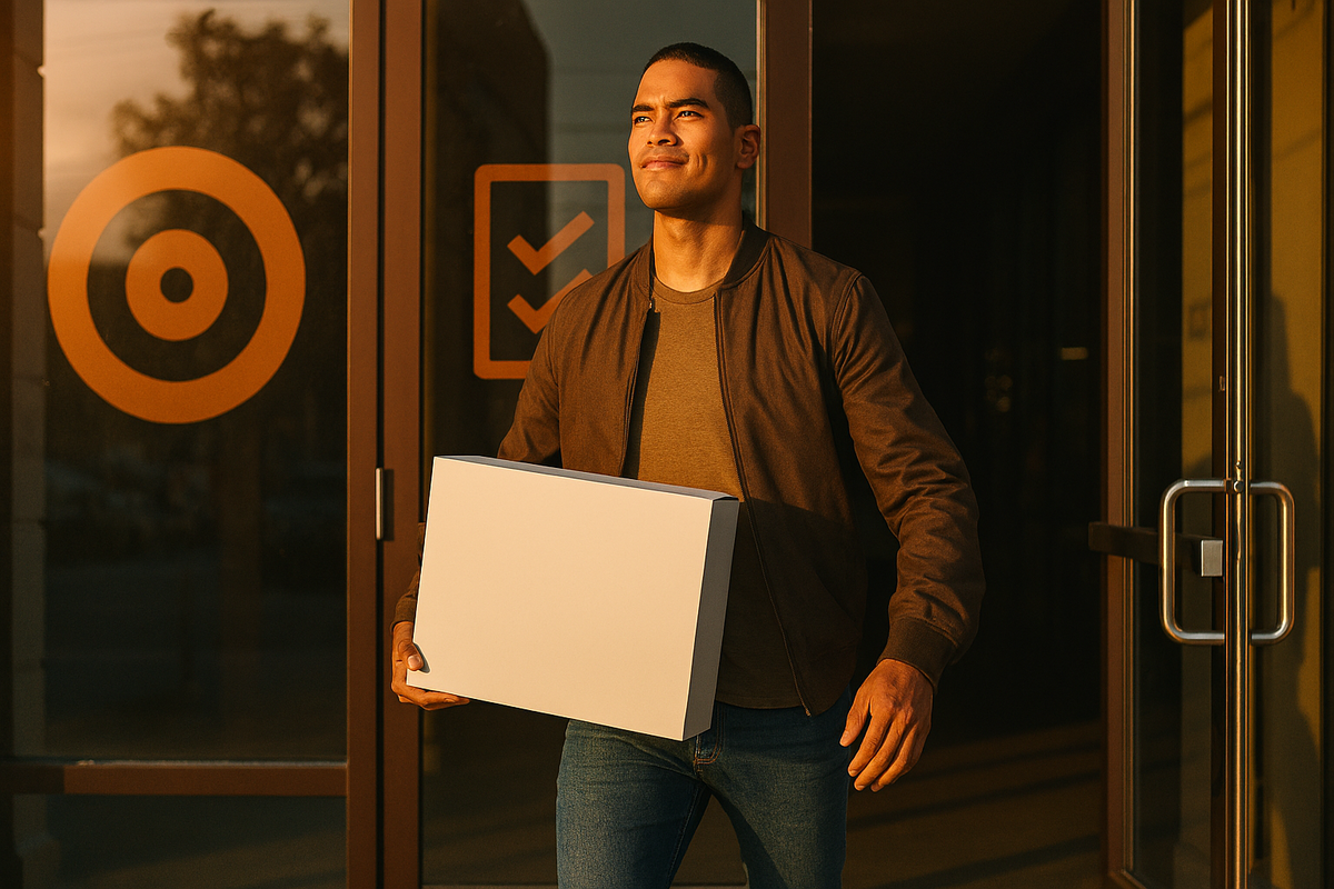 Triumphant shopper exiting a store at golden hour with a plain console box—subtle bullseye and checklist icons—successful Switch2 in-store purchase, confident relief, hard-won victory