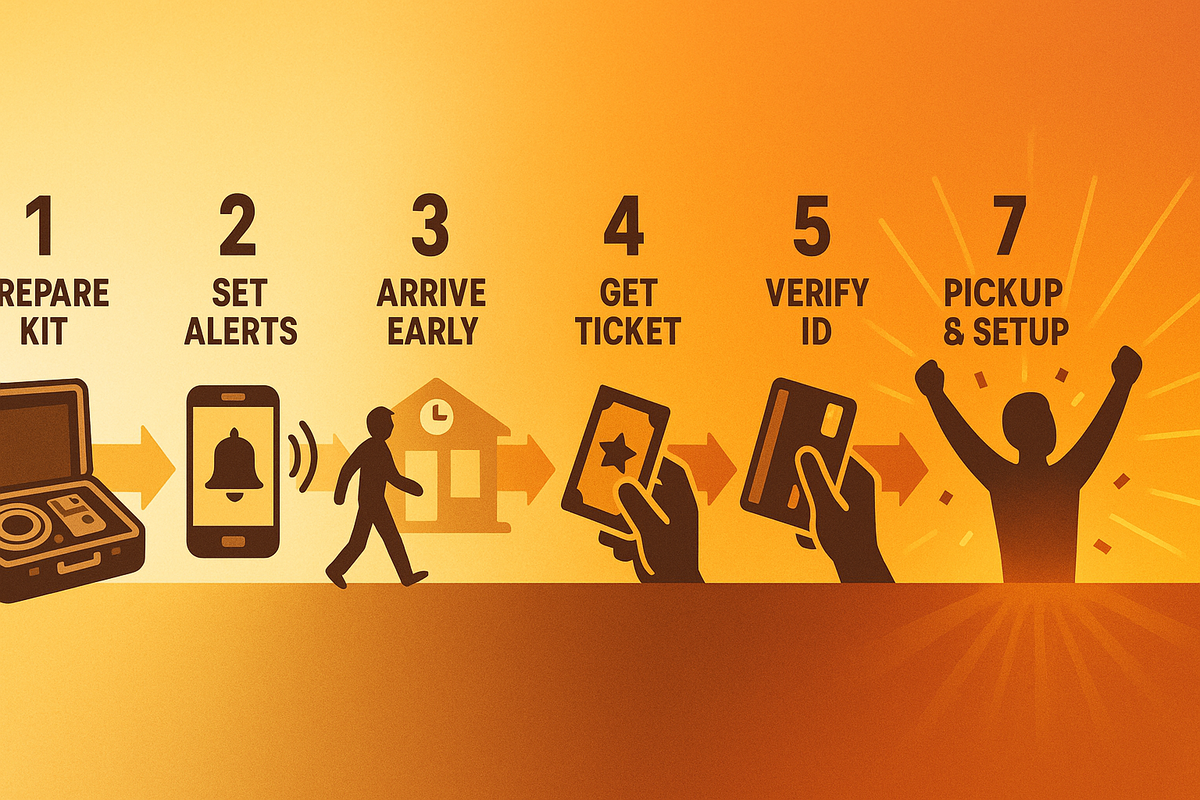 Seven-step action timeline—prepare kit → set alerts → arrive early → get ticket → verify ID → pickup & setup—motivational sunrise gradient, decisive path to a Yokohama Switch2 win