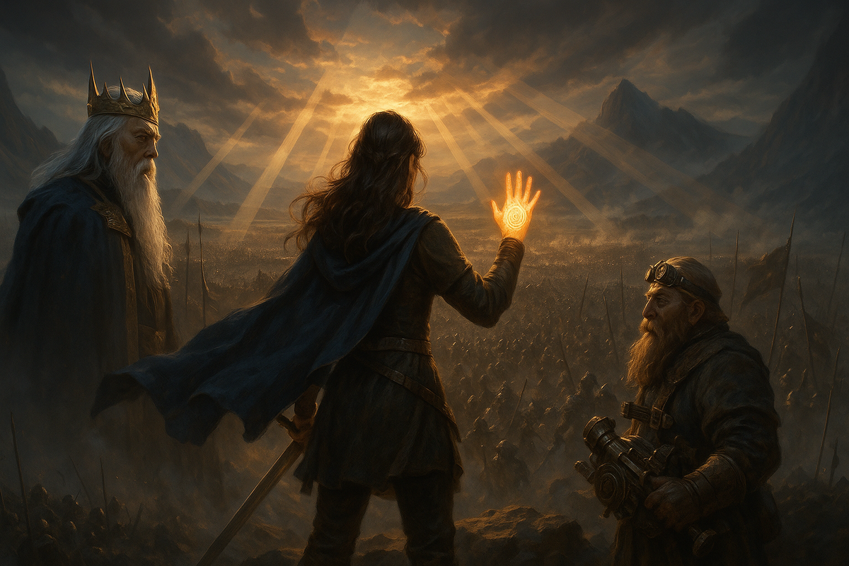 Epic fantasy war council at sunrise—a cloaked heroine lifts a radiant seal as veterans watch, armies gather below—destiny, prophecy, goosebumps heroism