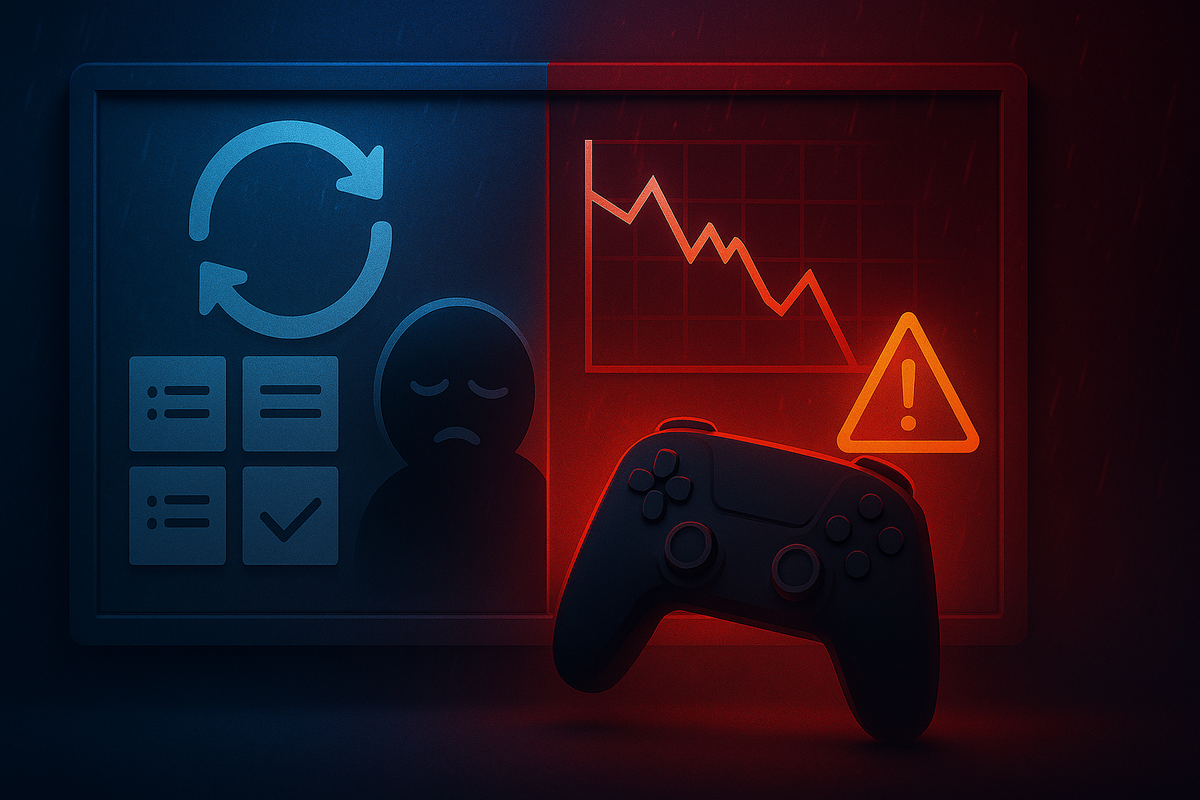 Split review dashboard—left blue checklists and retry loop vs right red warning and falling chart—gamepad in front—repetition fatigue, performance dips, tough-love critique