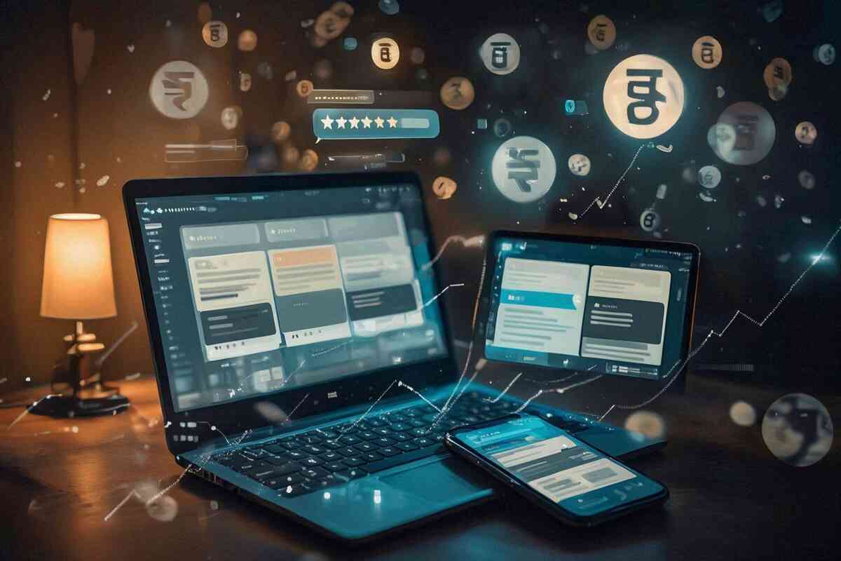 Laptop, tablet, and phone on a warm desk with floating star ratings, price tags, and currency icons—live deal tracking, cross-shop comparison, smart-buyer momentum