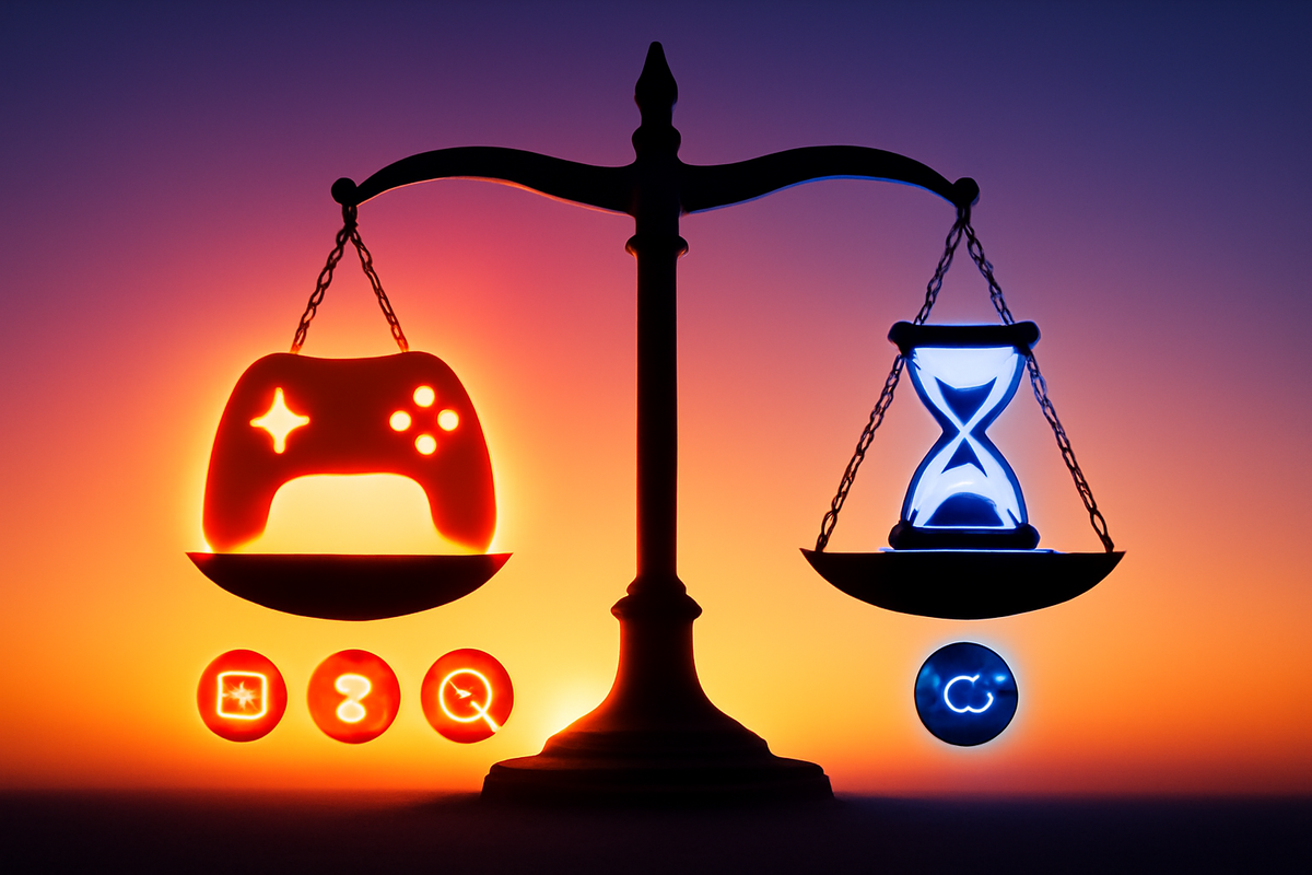 Dawn-lit balance scale—glowing controller vs icy hourglass—buy now or wait? clear decision vibes, calm logic with a spark of hype