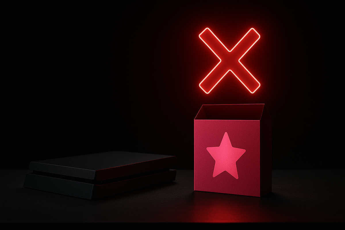 Neon red X over a pink star box beside a black console—myth-busting truth: no “Kirby Air Rider × Switch2” bundle, clear verdict, urgent clarity, cinematic glow