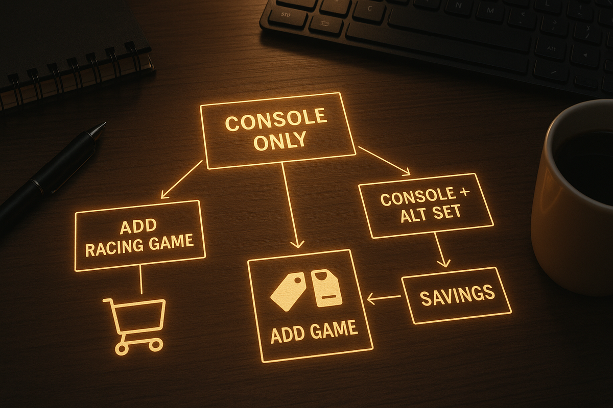 Warm desk with glowing decision tree—Console only → add racing game, or console + alt set → savings—three smart ways to play Kirby Air Rider on Switch2, decisive roadmap
