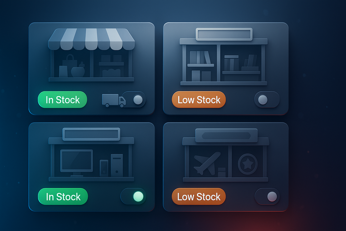 Store-by-store inventory tiles—In Stock vs Low Stock dashboard for major retailers—calm blue UI, fast alerts, laser-focused way to track Kirby Air Rider and Switch2