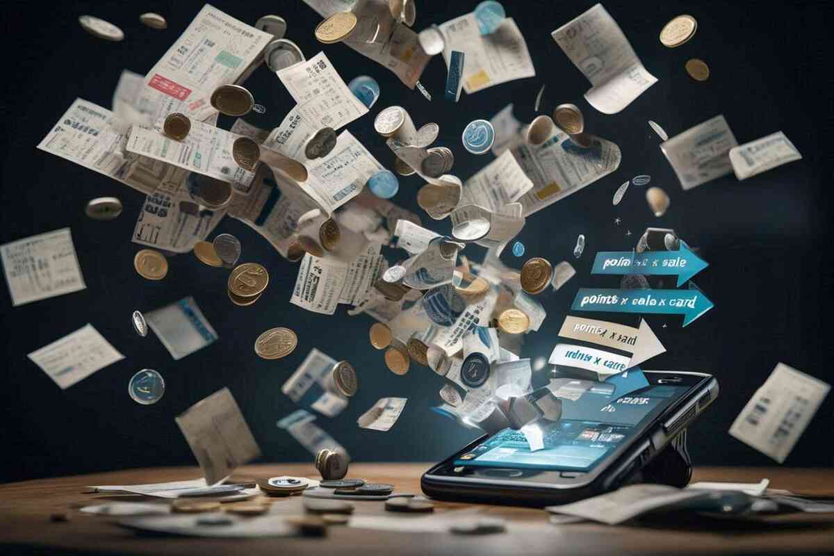 Receipts and coins bursting from a smartphone—stackable points, coupon storms, and card hacks—budget-saving whirlwind to buy Switch2 + Kirby Air Rider at the lowest price