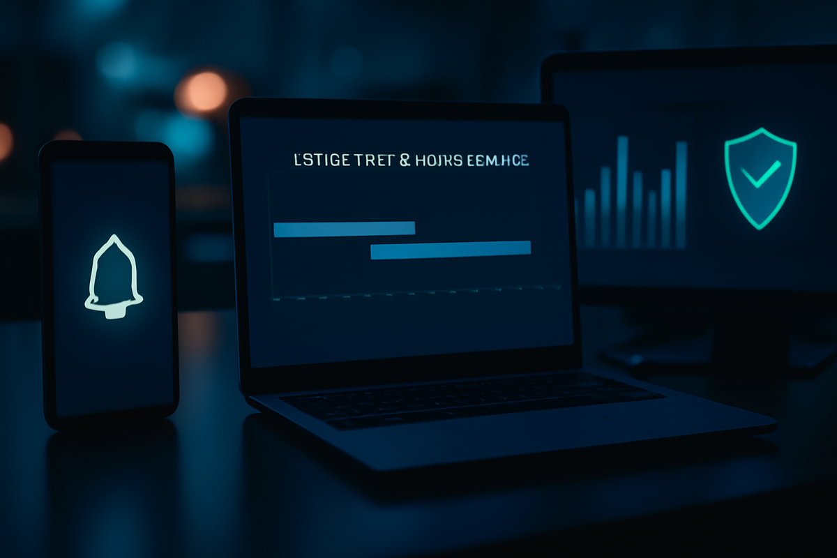 Night-mode command center—phone with alert bell, laptop charts, security shield—real-time stock and lottery schedule for Switch2, safe buying workflow, steady confidence
