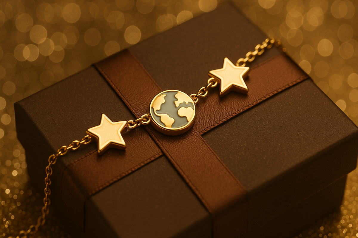 Gold three-link charm bracelet—two star charms flanking a world medallion on a ribbon-wrapped gift box—exclusive bonus, premium feel, celebratory sparkle and joy
