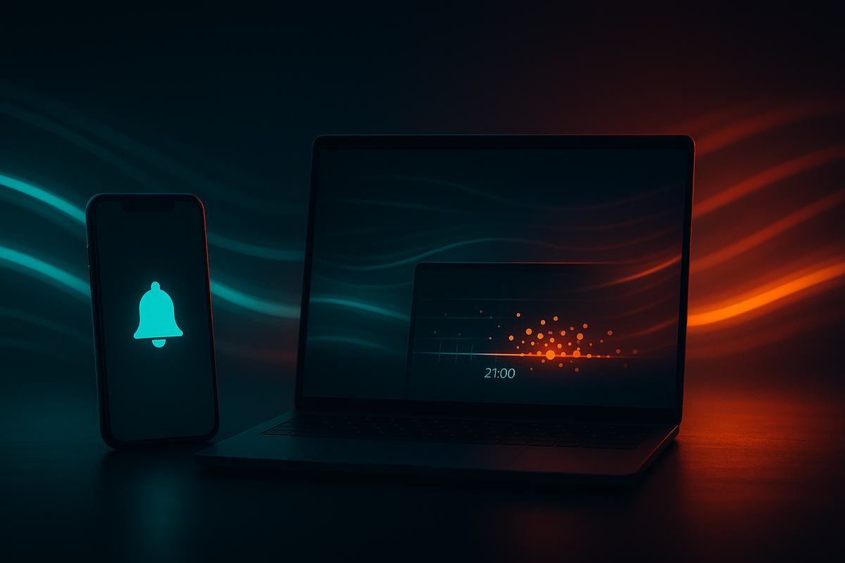 Phone and laptop in a dark command center—notification bell lit, scatter plot peaking at 21:00—data-driven alert strategy, tense anticipation, neon breeze flow
