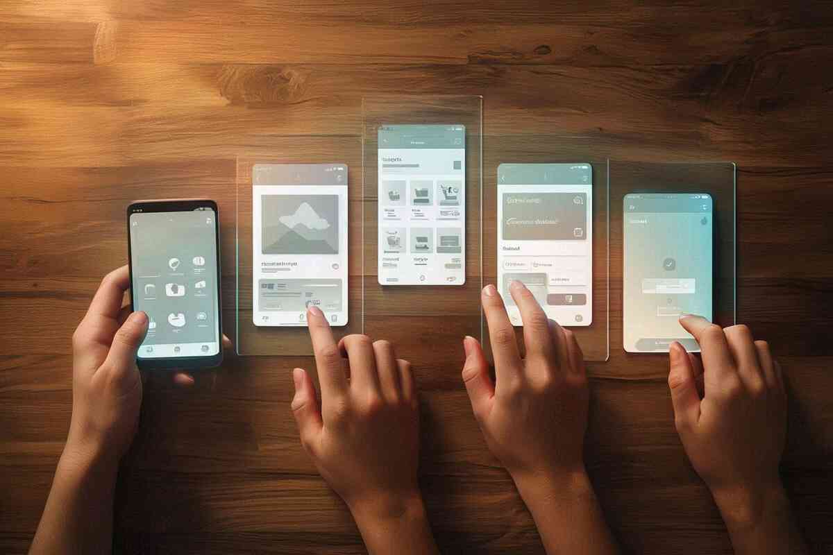 Five hands tapping parallel smartphone screens on a wooden desk—step-by-step checkout tutorial, multi-device speedrun, focused teamwork and calm confidence