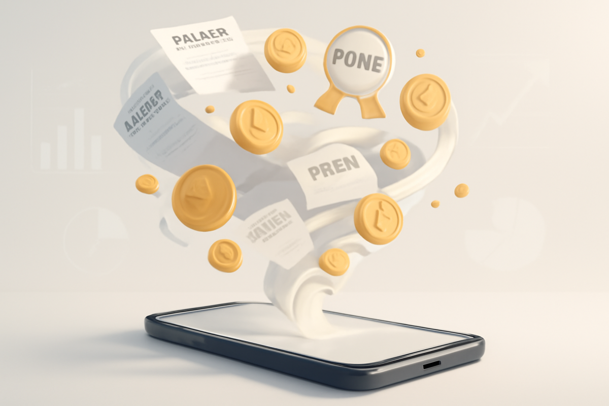 Cashback vortex exploding from a smartphone—receipts, gold coins, and reward badges swirling—points stacking, joyful savings storm, airy minimalist backdrop